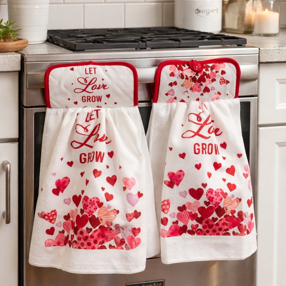 HAND CRAFTED Valentine's Themed Kitchen Towels SET OF TWO DOUBLE SIDED TOWELS